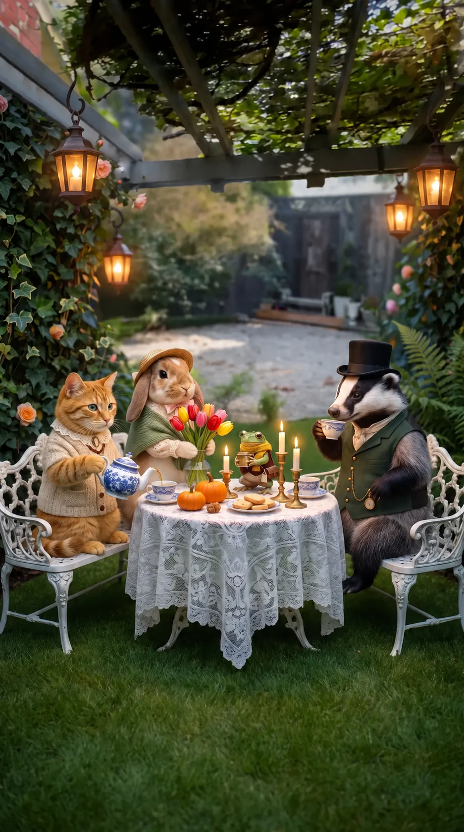 The Ambassadors share tea in a lantern-lit storybook garden.