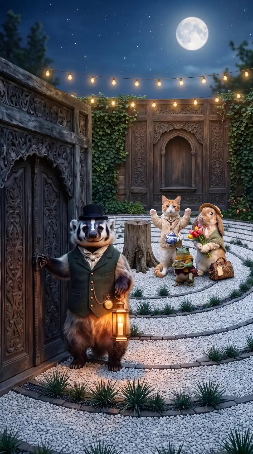 The Ambassadors gather beside a moonlit storybook labyrinth.