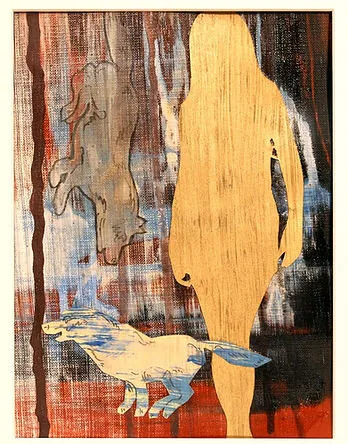 A golden figure and a running animal within a textured abstract painting.