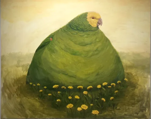 A large green bird among yellow flowers in a softly painted landscape.