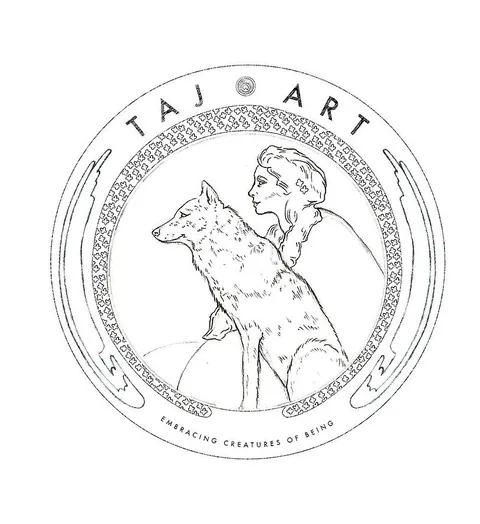 TAJ ART INC emblem of a woman and a wolf.